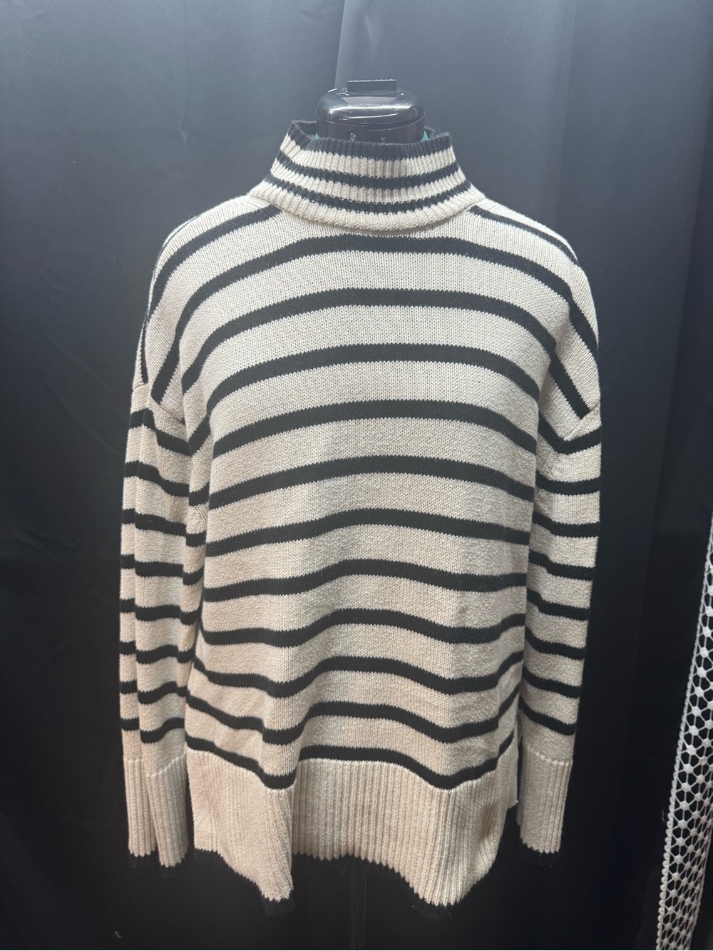 Cream and Black Striped Turtleneck Sweater
